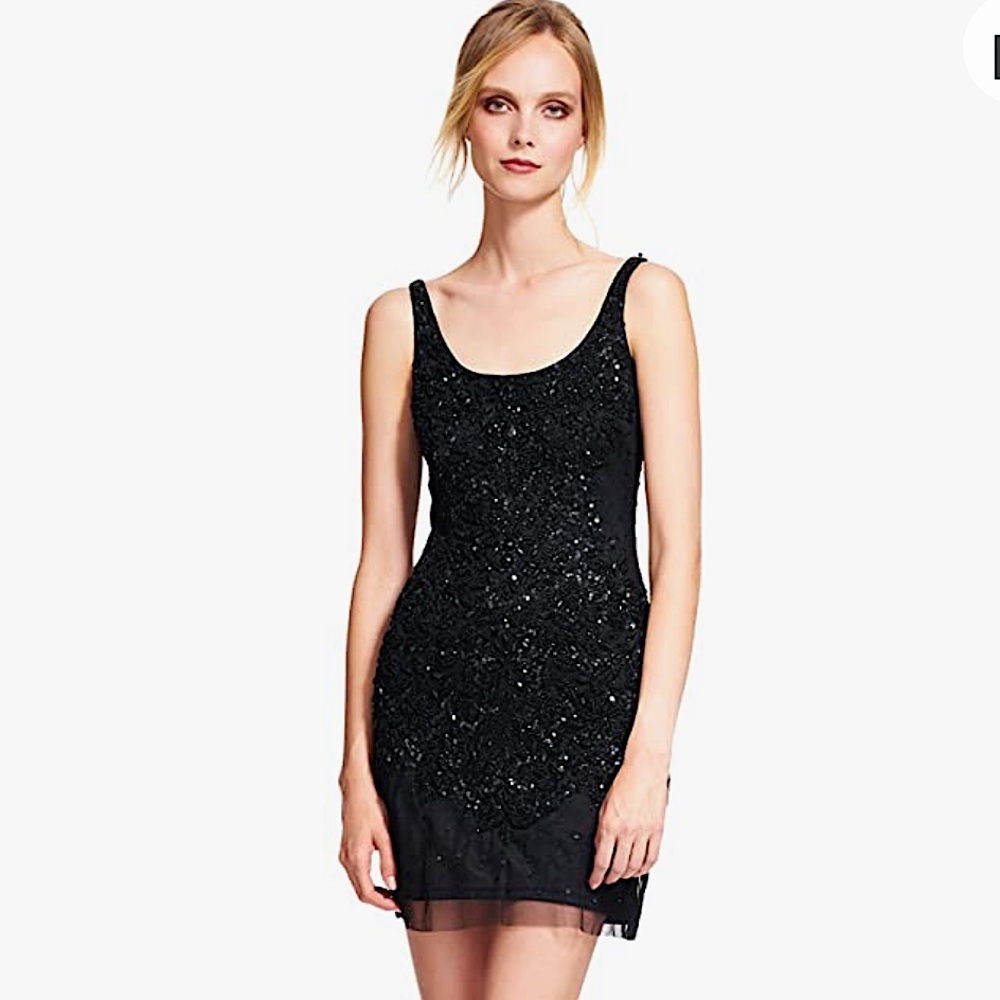 Adrianna Papell | Black Embellished Mesh Sleeveless Beaded dress